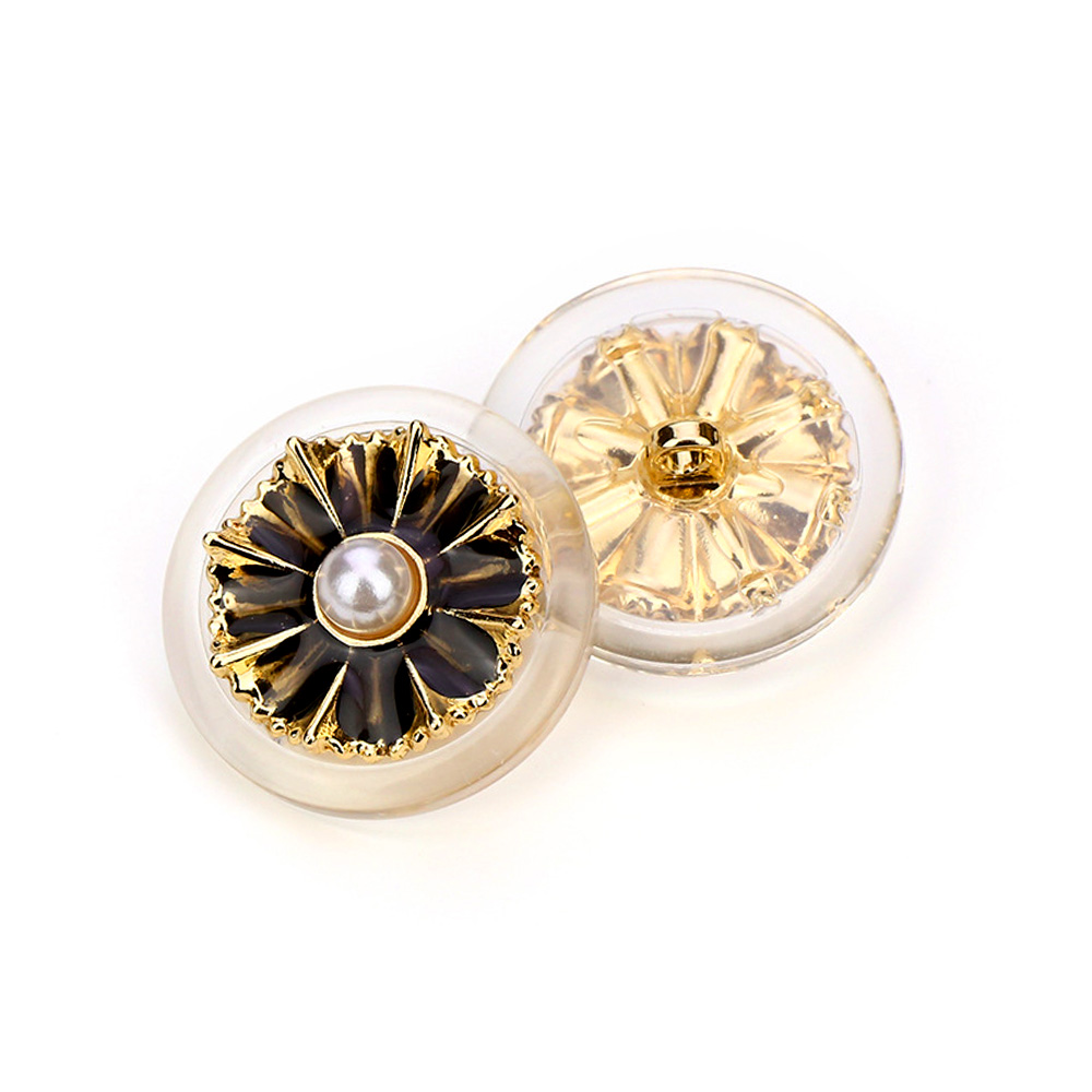 Craftisum Clear Acrylic Black Resin Flower Golden Metal Base Shank Buttons 20 Pcs - 18mm, 23/32"