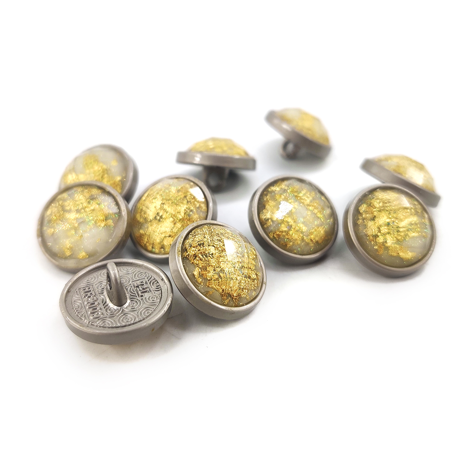 Craftisum Beveled Cut Glass White Golden Foil Layer Silver Metal Base Sewing Buttons 10 Pcs - 15mm, 5/8"